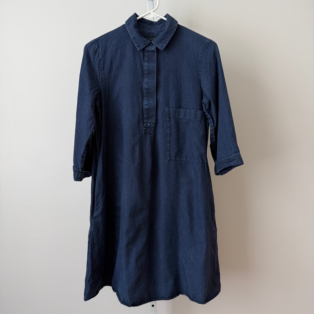 COS 2 Dark Blue Denim Shift Dress 3/4 Sleeve Pocket Minimalist Tunic‎